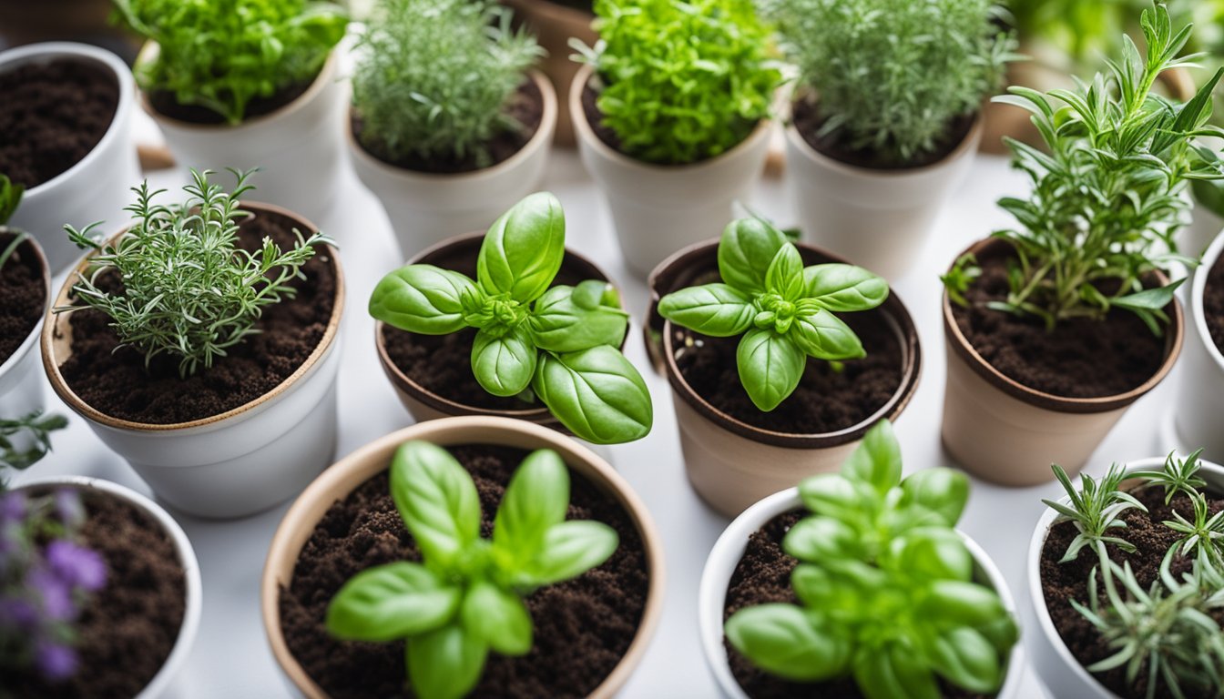 Basil, thyme, and rosemary in various pots, each with different soil and drainage setups