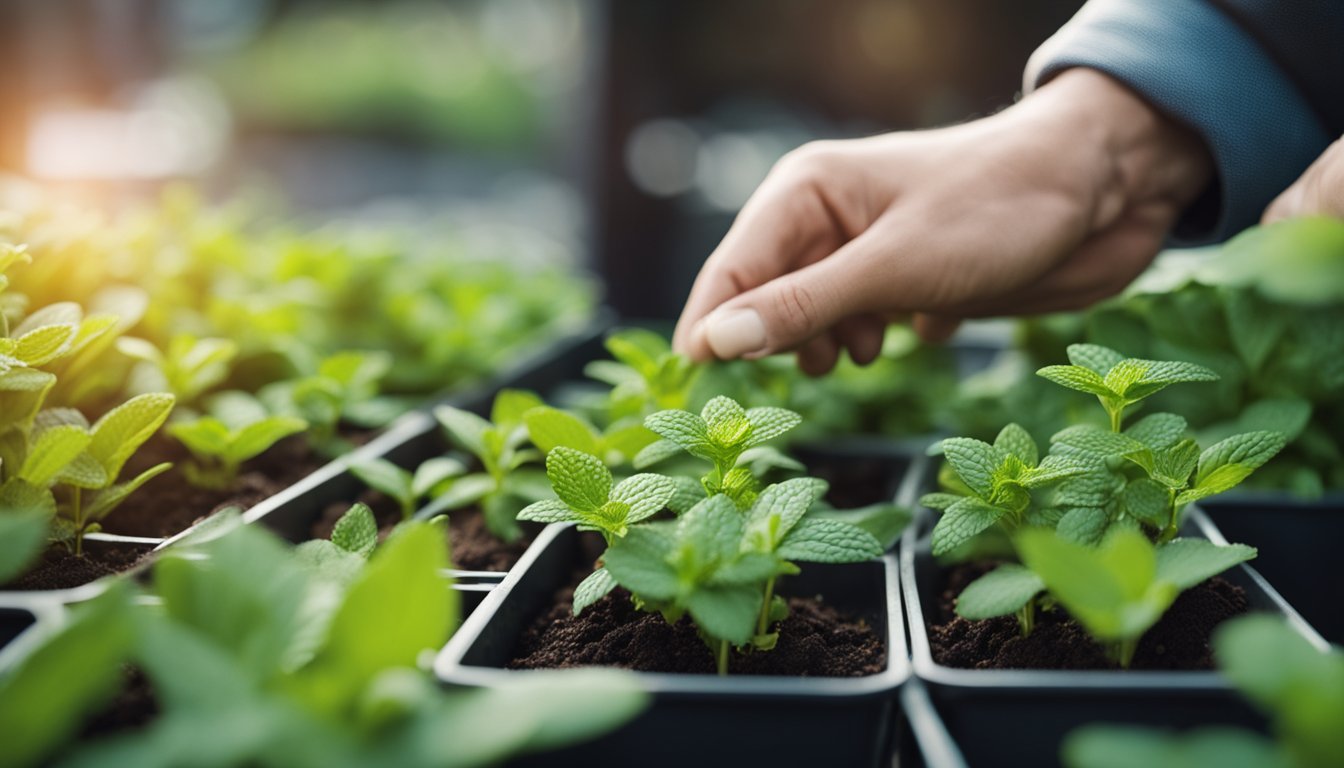 A person carefully selecting a container for mint plants, comparing different sizes and materials