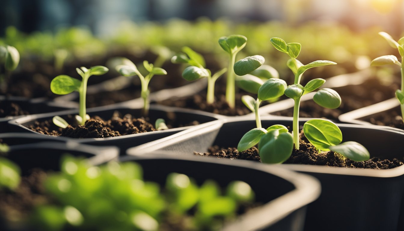 Seeds planted, sprouts emerging, herbs growing in pots, tips highlighted at each stage