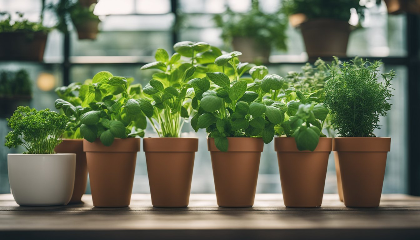 Fresh herbs in pots thrive with a self-watering system, with visible water reservoirs and healthy, vibrant plants