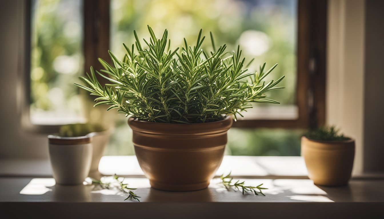 A vibrant pot of rosemary thrives on a sunny windowsill, its fragrant leaves spilling over the edges, ready to be harvested for culinary use