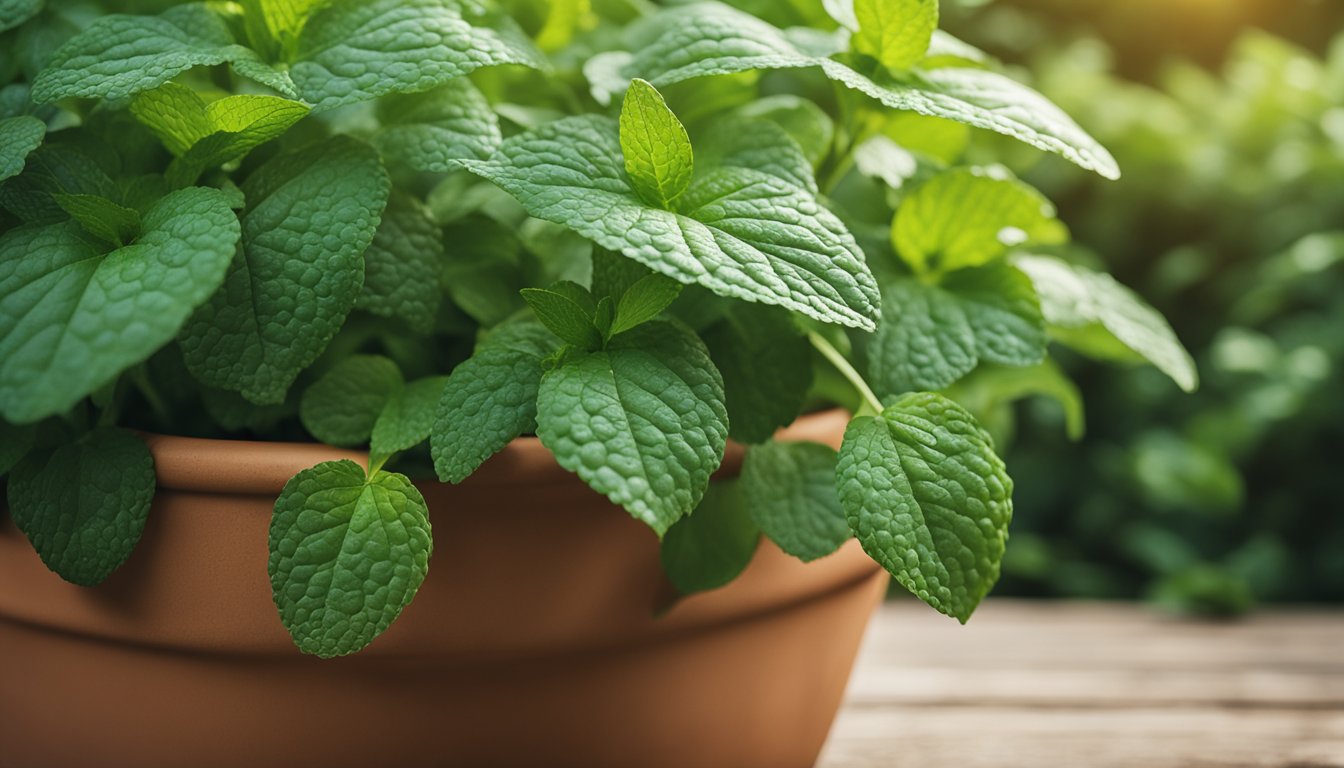 Lush green mint plants flourish in a large terracotta pot, spilling over the edges with aromatic leaves. Sunshine dapples the vibrant foliage, and droplets of water glisten on the soil