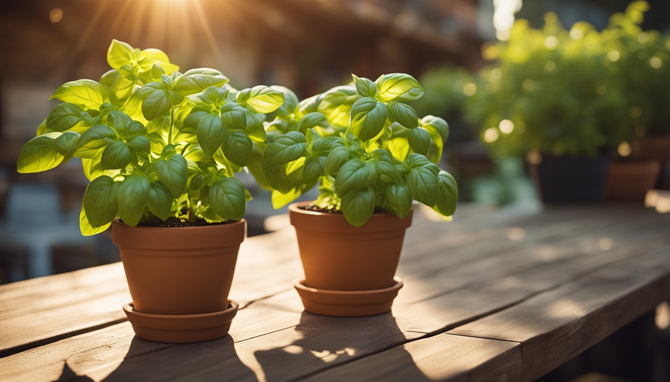 A vibrant basil plant thrives in a terracotta pot, bathed in sunlight on a rustic wooden patio table