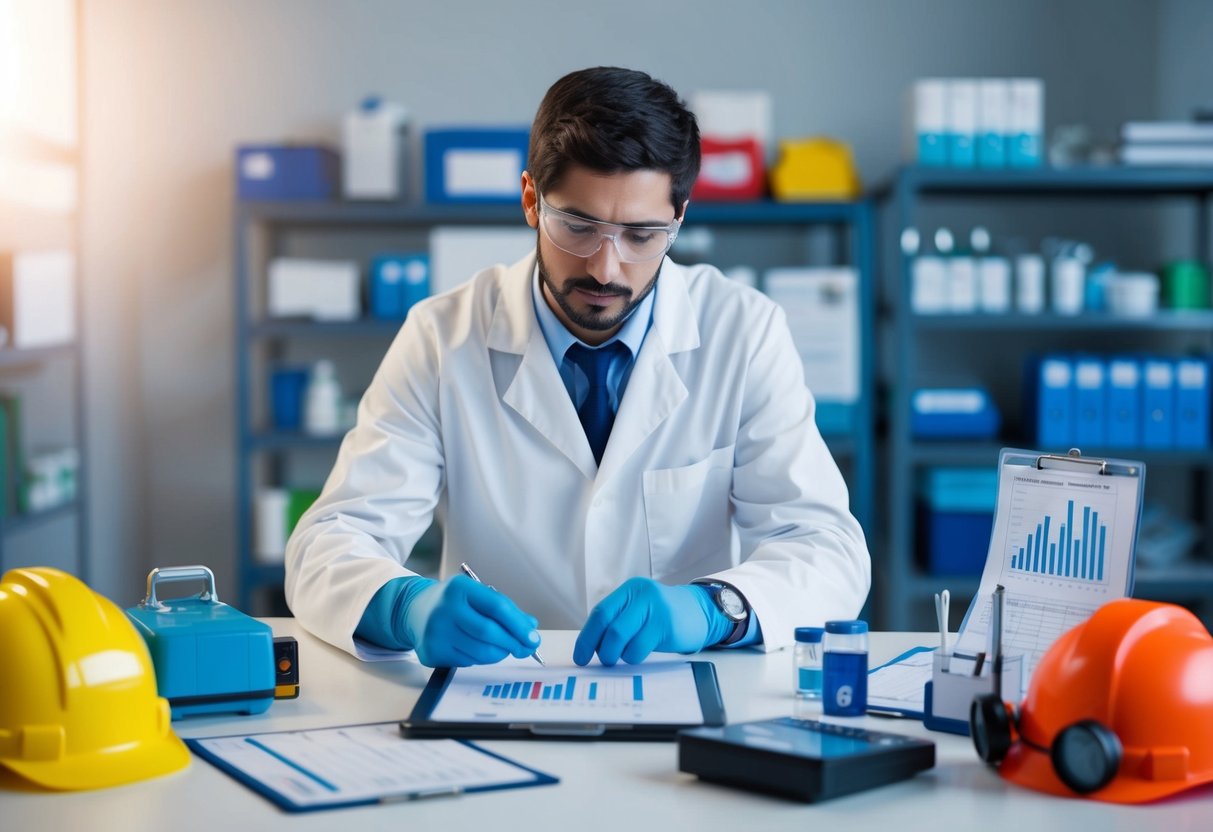 A scientist analyzing data and charts, and an ISO 17025 Risks and Opportunities Template surrounded by safety equipment and documentation