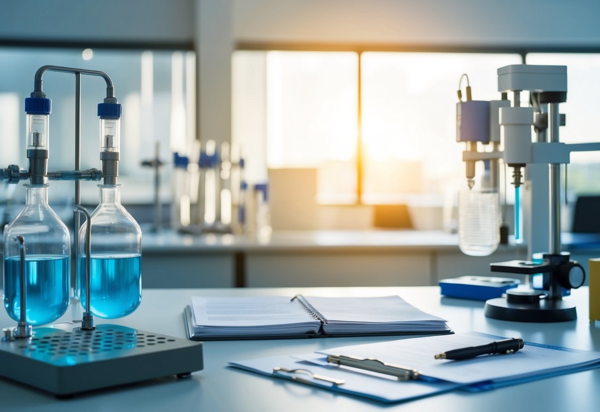 A laboratory setting with equipment and documents, showing potential risks and opportunities for improvement in accordance with ISO 17025 standards