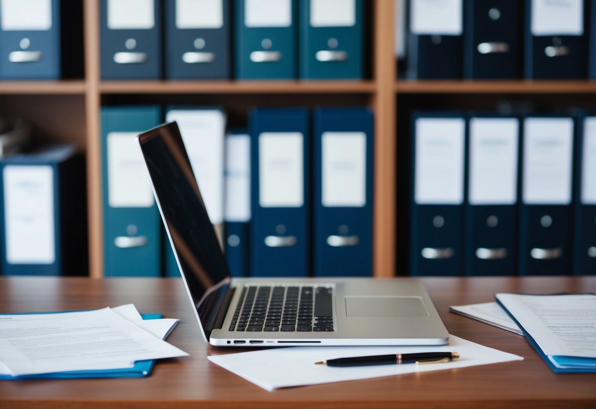 A table with a laptop, pen, and paper, surrounded by filing cabinets and shelves of documents