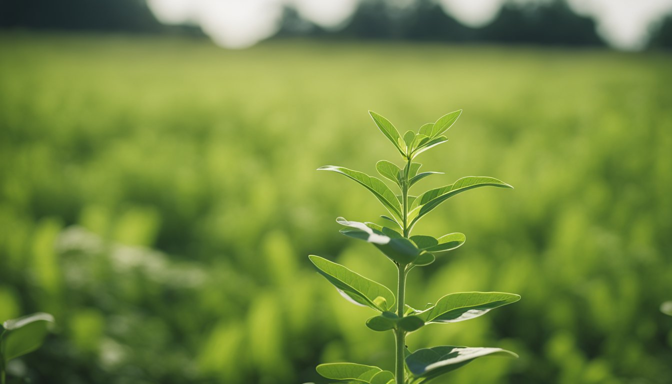 A lush green field with a solitary Ashwagandha plant standing tall, its leaves swaying gently in the breeze