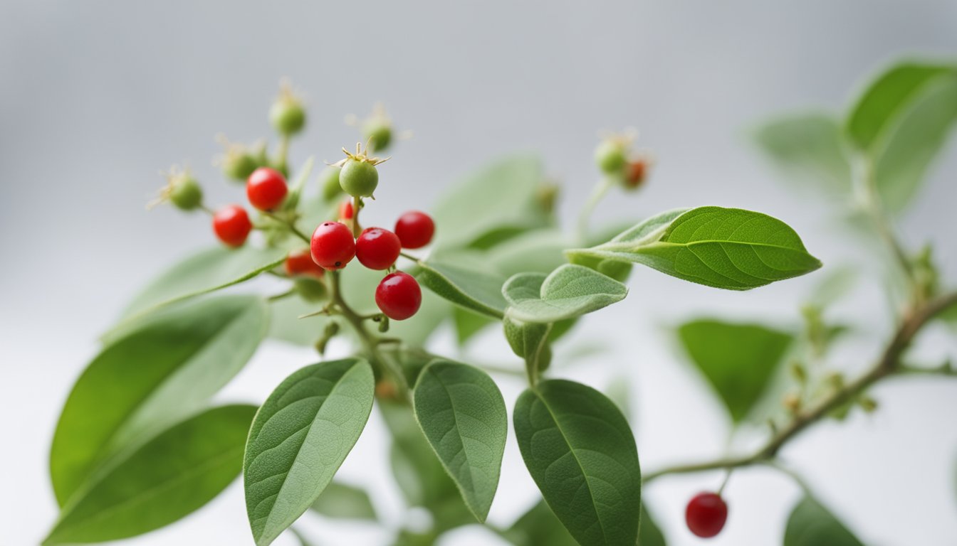 An Ashwagandha plant with small green leaves and red berries, set against a white background