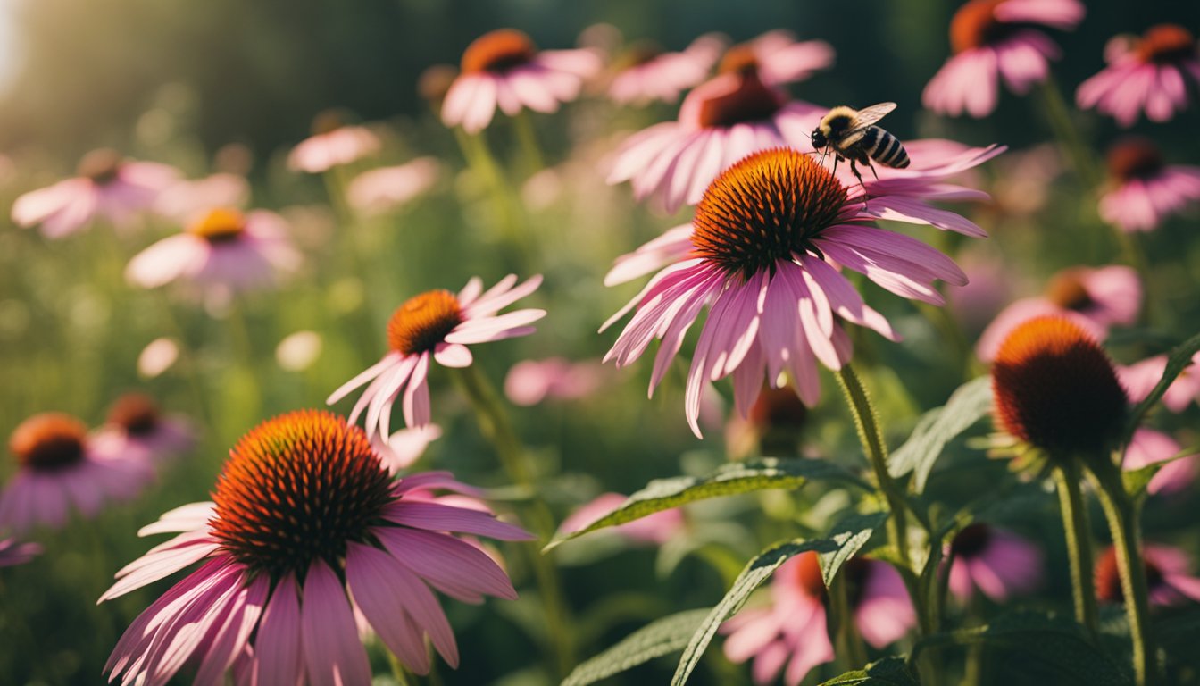 A vibrant Echinacea plant blooms in a sunlit meadow. Bees buzz around the colorful petals as butterflies flutter nearby