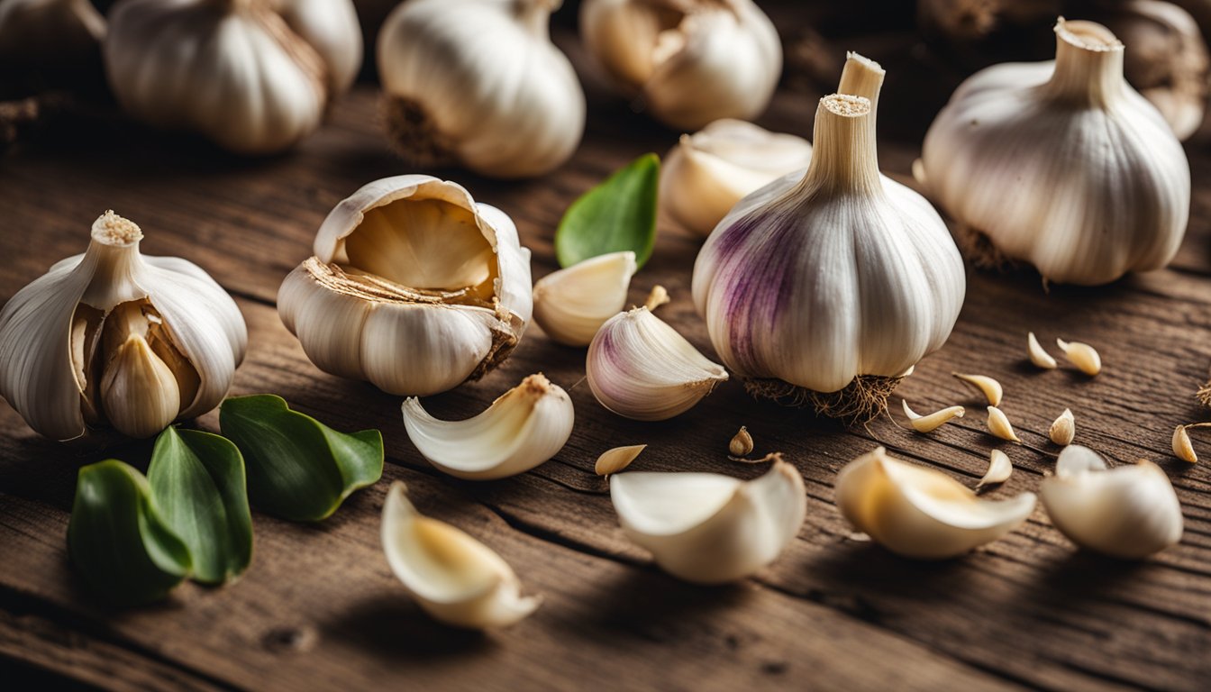 Whole garlic bulbs and separated cloves artfully arranged on a rustic wooden surface