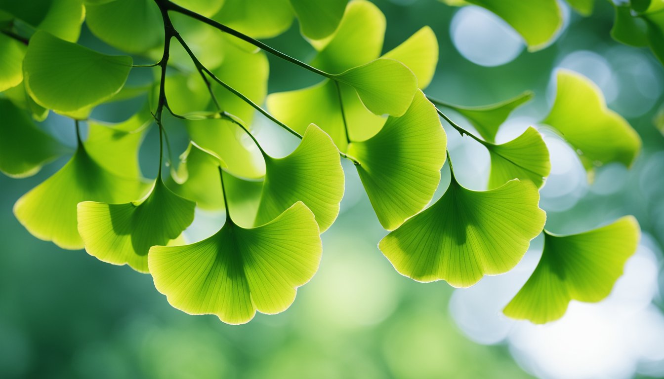 Ginkgo leaves (wound healing herbs), with their distinct fan shape and vivid green hue, are depicted in a detailed close-up