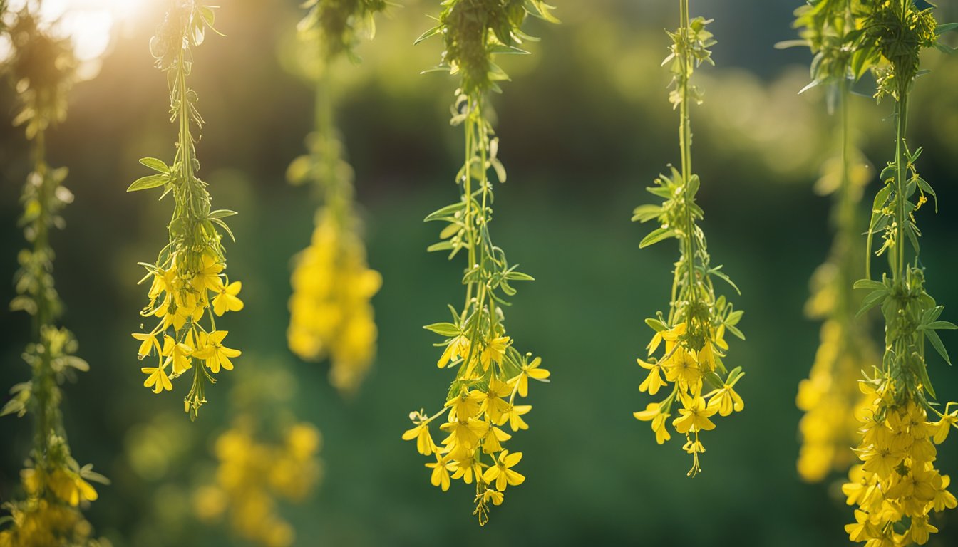 Bundles of St. John’s Wort hang upside down, drying in the warm sunlight, showcasing the traditional herb preparation method for wound healing herbs