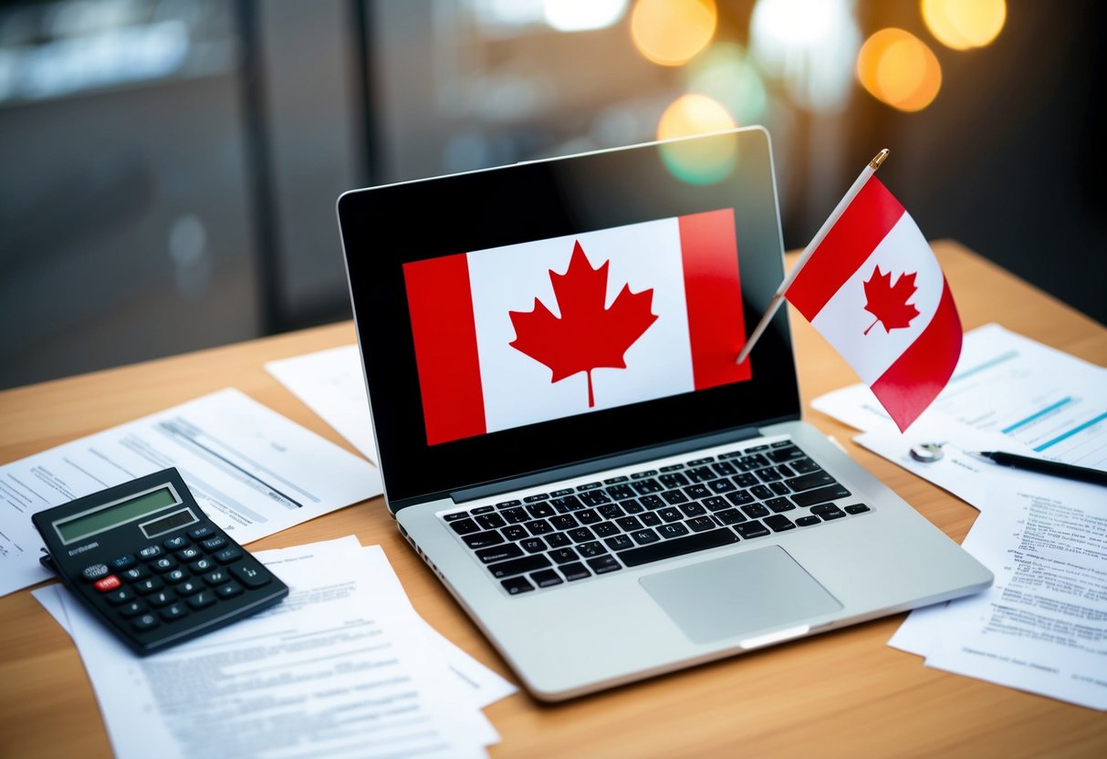 A laptop on a table with a Canadian flag and calculator, surrounded by paperwork and documents