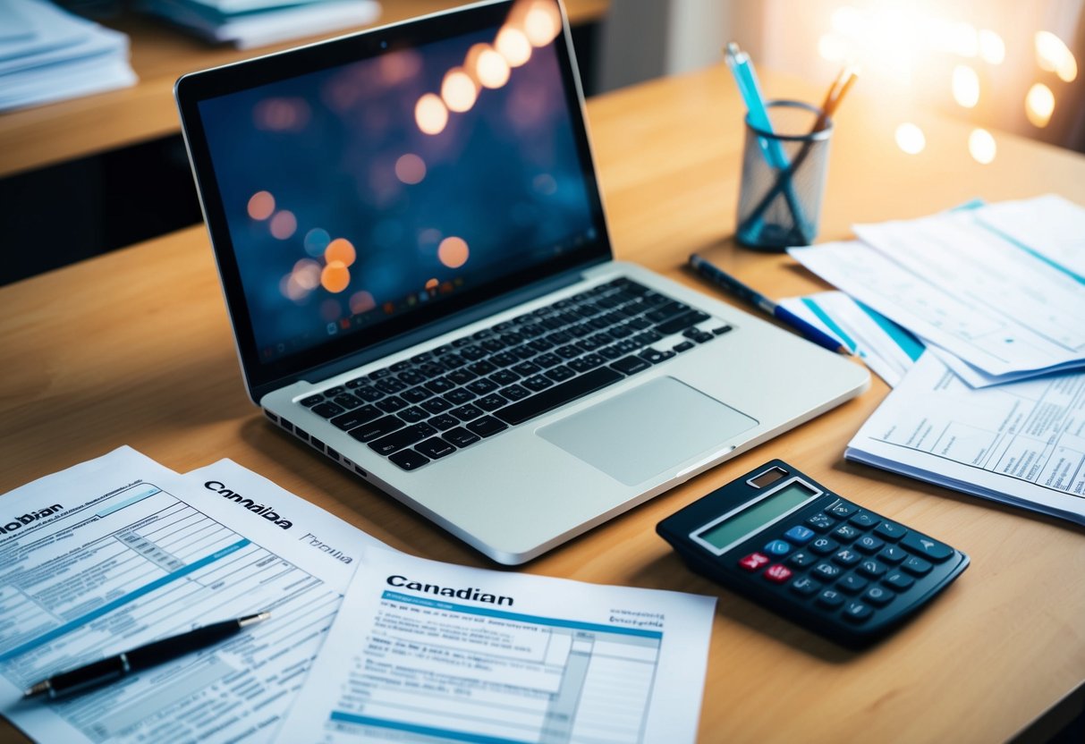 A laptop on a desk, surrounded by Canadian tax forms and documents, with a calculator and pen nearby