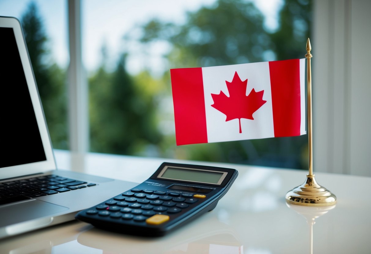 A laptop, calculator, and Canadian flag on a desk with a view of a home office setup