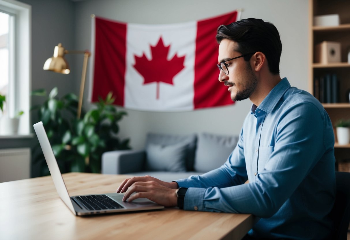 A person working on a laptop in a cozy home office, with a Canadian flag in the background