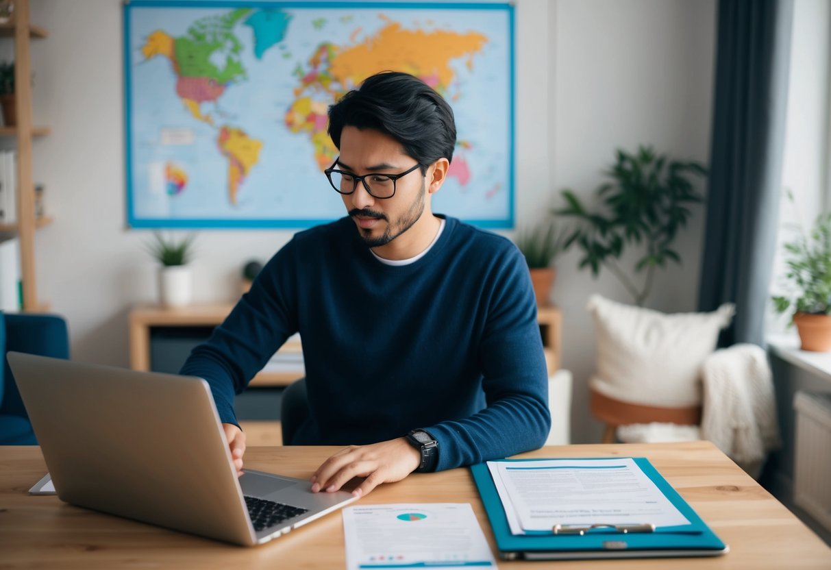 A person working on a laptop in a cozy home office, with a world map and tax documents on the desk