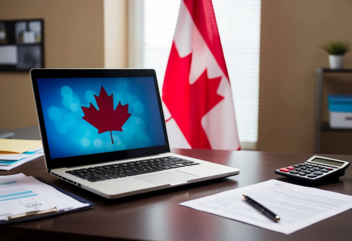 A laptop on a desk with a Canadian flag in the background, surrounded by paperwork and a calculator