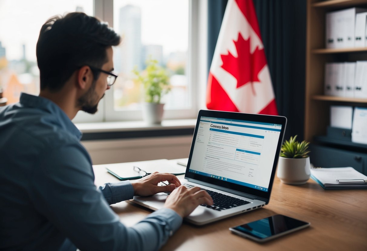 A person working on a laptop in a cozy home office, with a Canadian flag and tax forms in the background