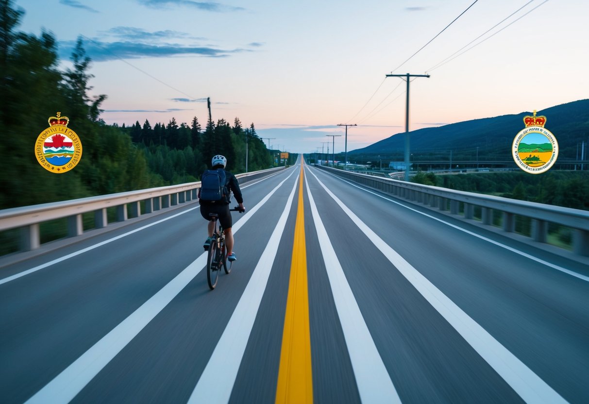 A person commuting across a provincial border, passing through different landscapes and infrastructure, with one province's emblem on the left and the other's on the right