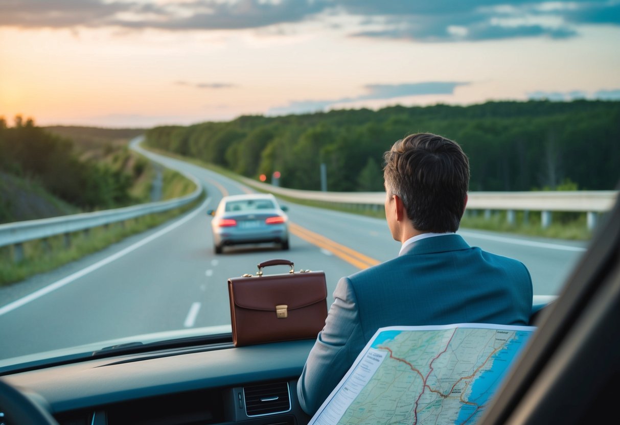 A person driving across a provincial border with a briefcase and a map