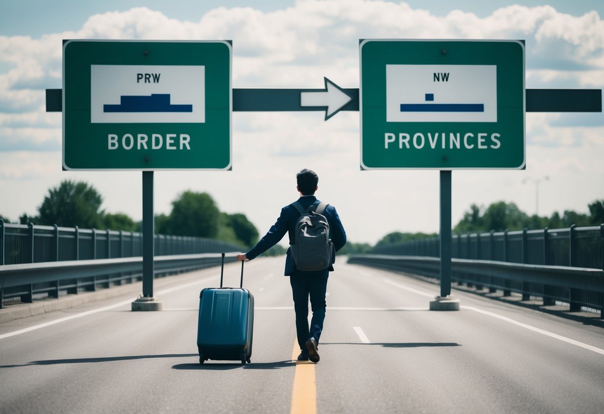 A person commuting across a provincial border, with a map showing the two provinces and an arrow indicating the direction of travel