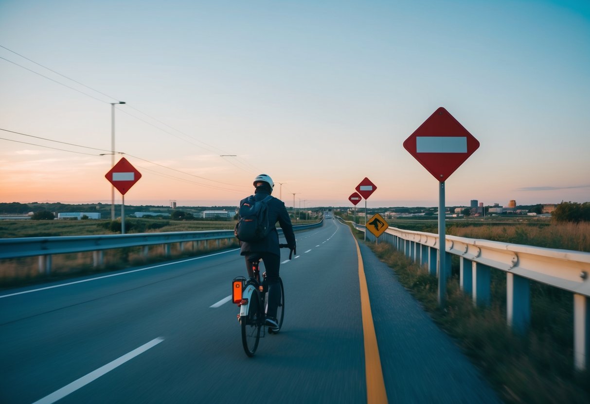 A person commuting between two provinces, passing through border signs and a mix of urban and rural landscapes