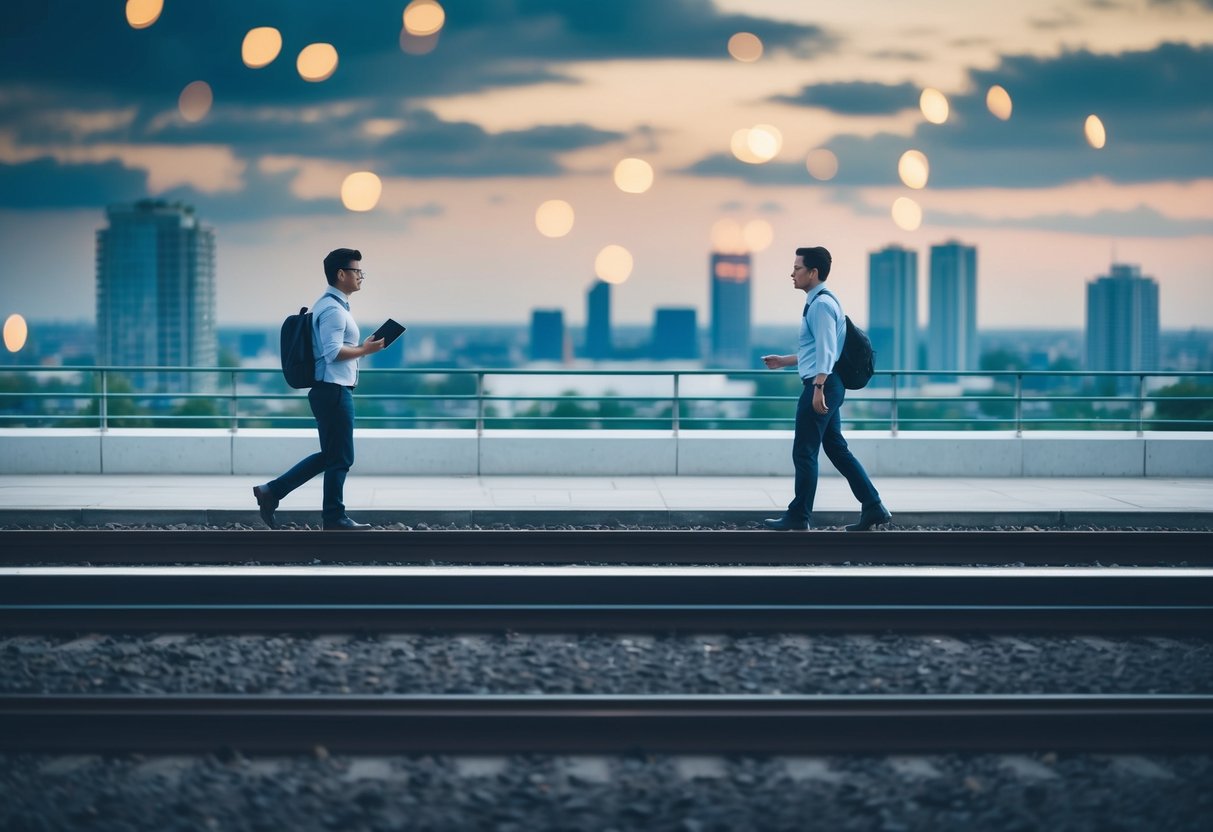 A person commuting between two provinces, depicting a home in one province and a workplace in another, with transportation such as a car or train