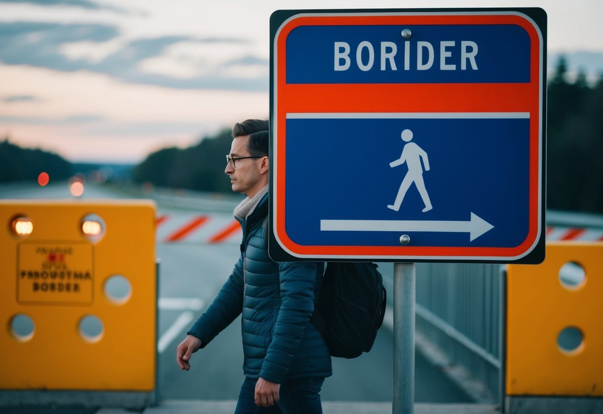 A person commuting between two provinces, crossing a border sign