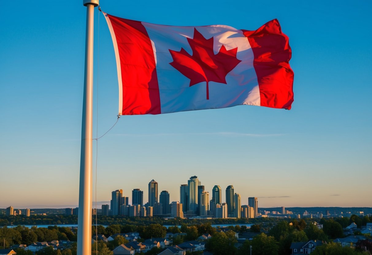 A Canadian flag flying over a city skyline with a residential neighborhood on one side and a business district on the other