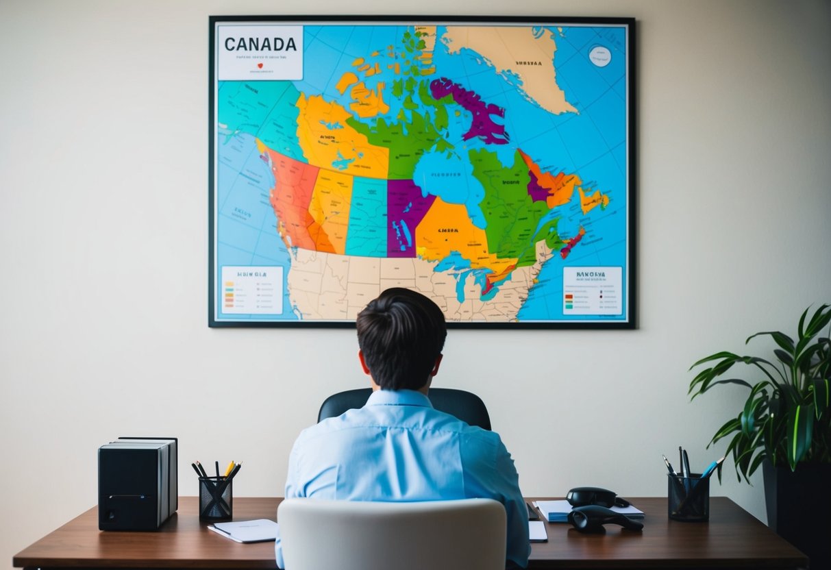 A person sitting at a desk with a map of Canada on the wall, pondering between a house and an office building