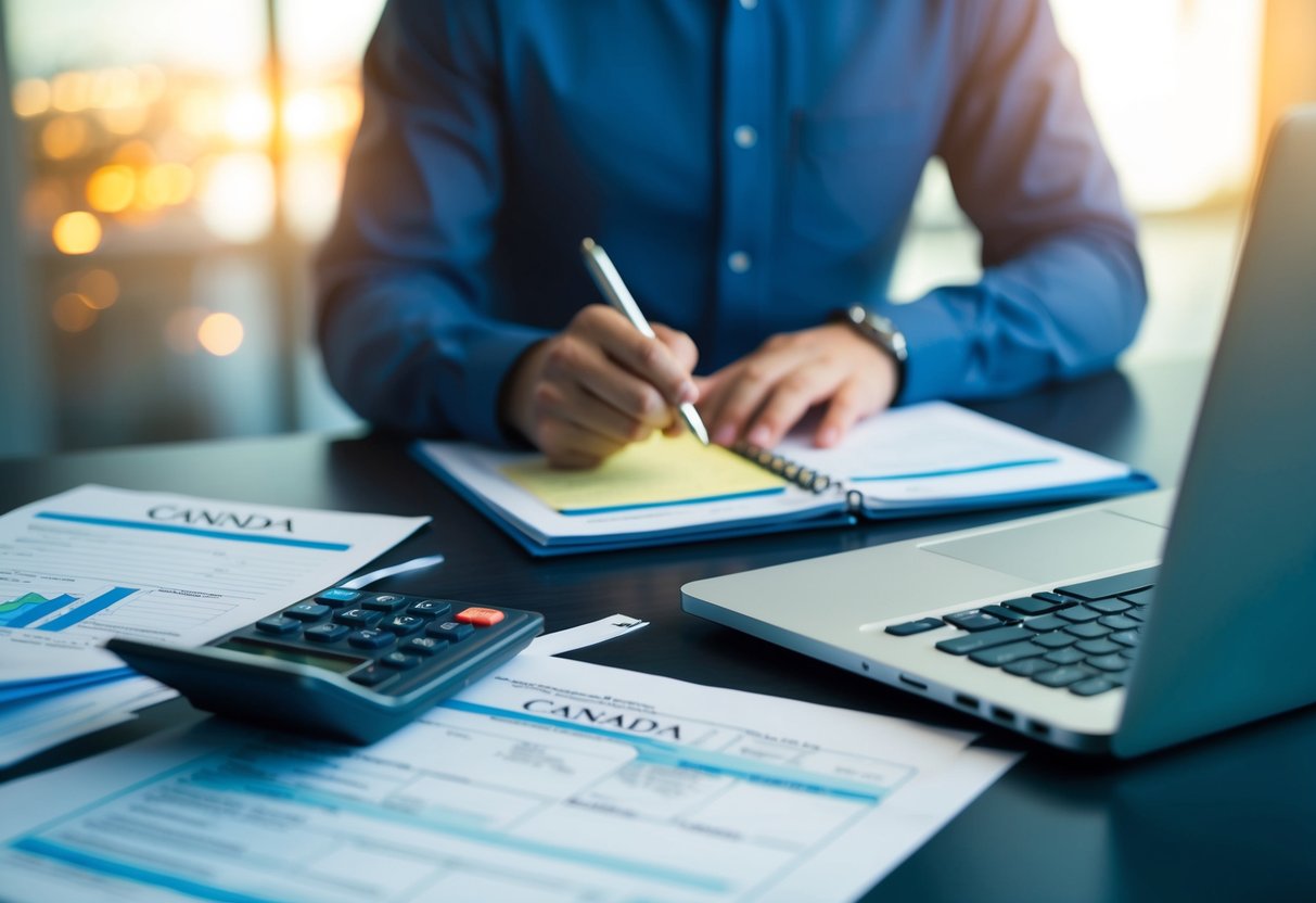 An individual working at a desk with a laptop, a map of Canada, and a calculator. The person is surrounded by paperwork and tax forms