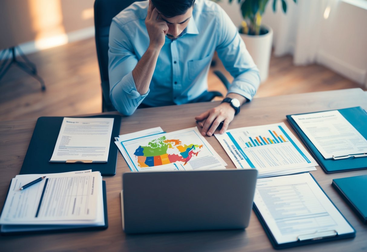 A person sitting at a desk with a laptop, surrounded by tax forms and documents, pondering between a map of Canada and a list of income sources