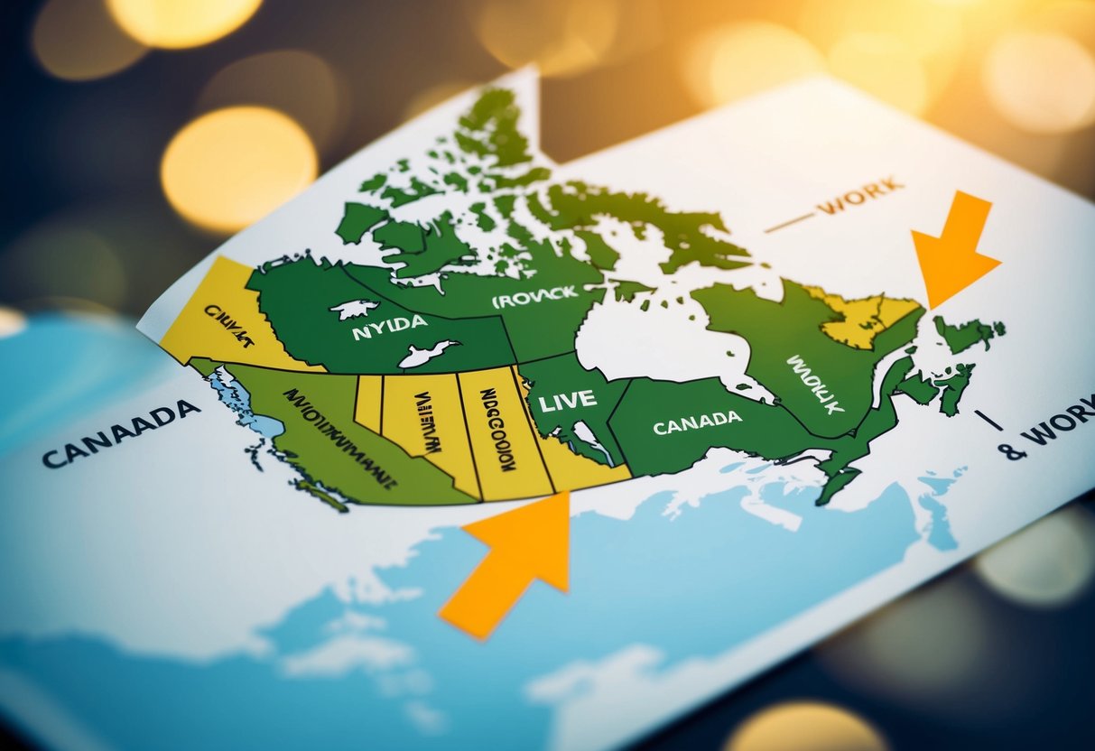 A map of Canada with different provinces highlighted, and arrows pointing to the words "live" and "work" to illustrate the question of income tax based on location