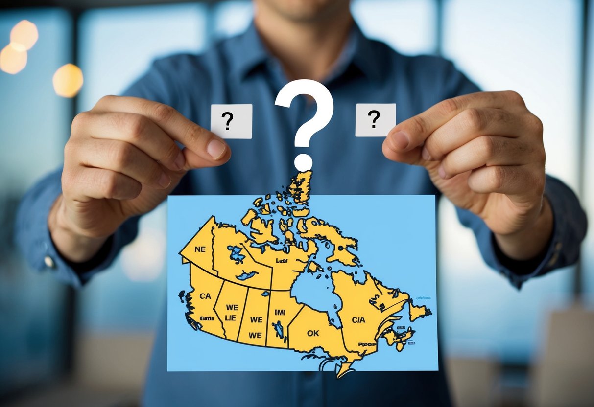 A person holding a map of Canada with a question mark hovering over two locations - one representing where they live and the other where they work