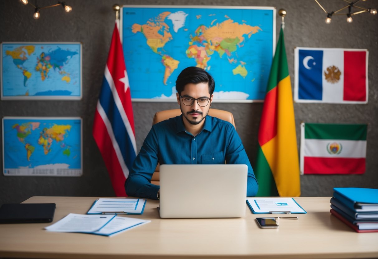 A person sitting at a desk with a laptop and documents, surrounded by maps and flags of different countries