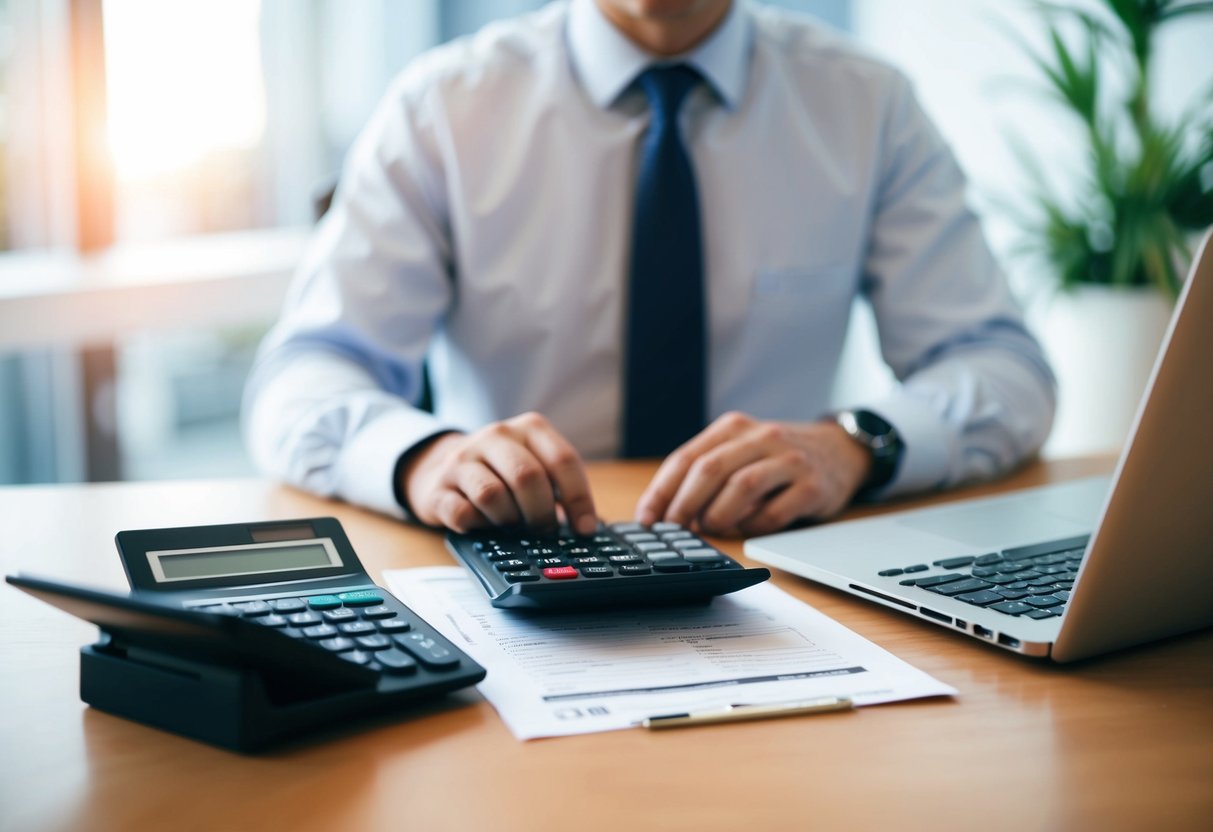 A person sitting at a desk with a calculator, tax forms, and a cell phone bill