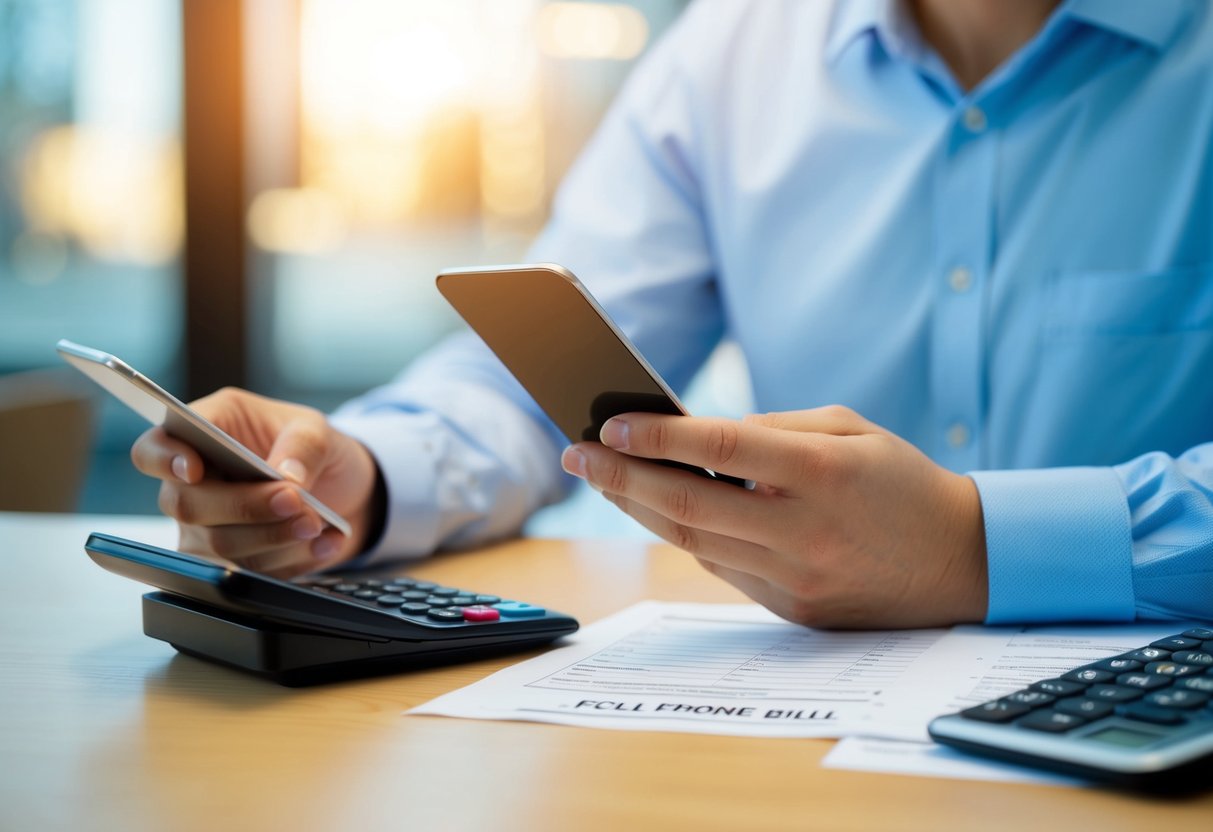 A person reviewing a cell phone bill with a calculator and tax forms on a desk