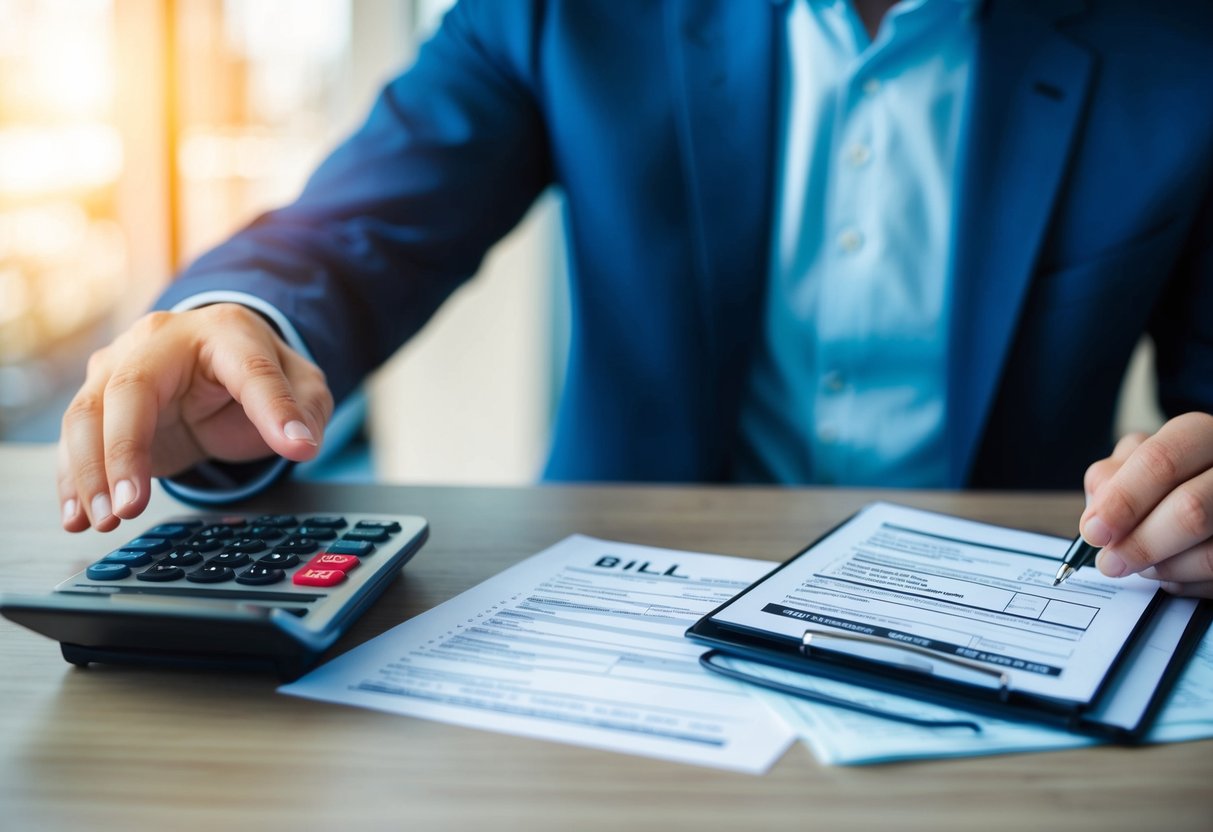 A person reviewing their cell phone bill with a calculator and tax forms on a desk