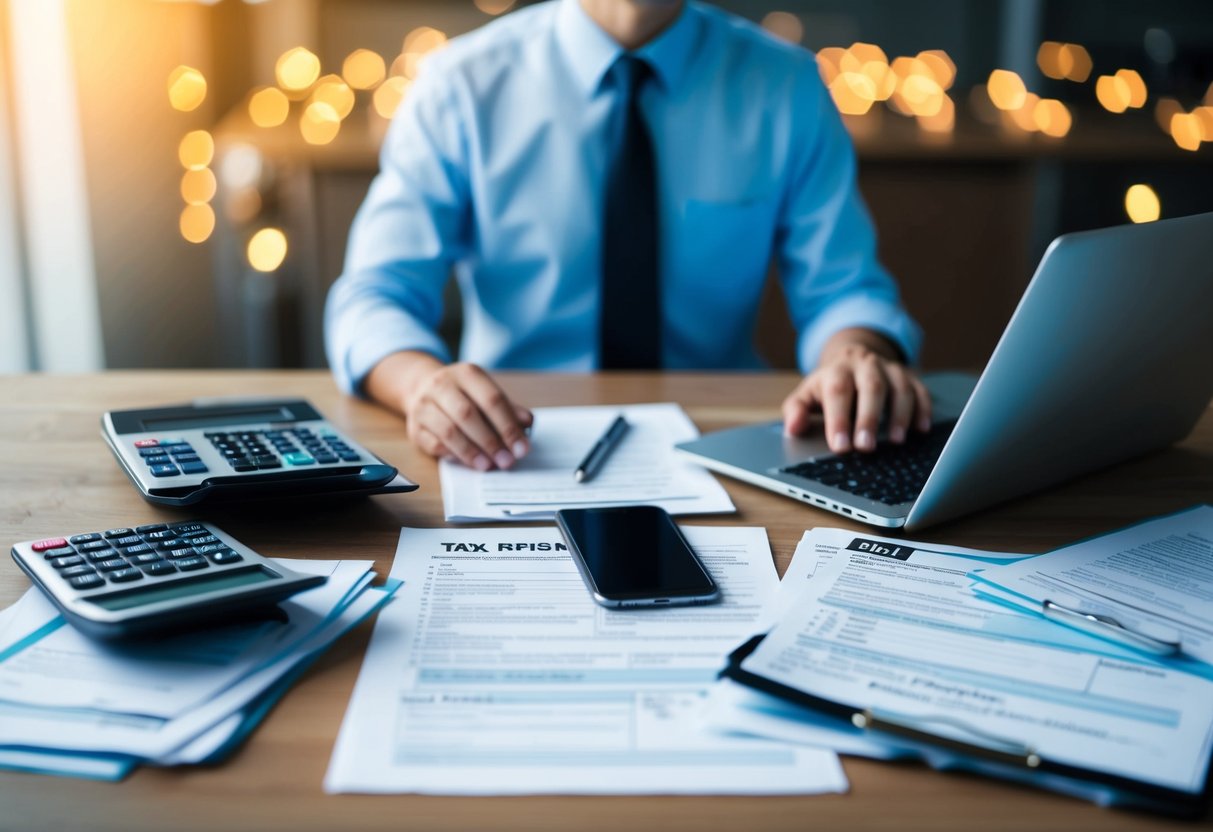 A person sitting at a desk with a calculator, laptop, and cell phone bill, surrounded by tax forms and documents