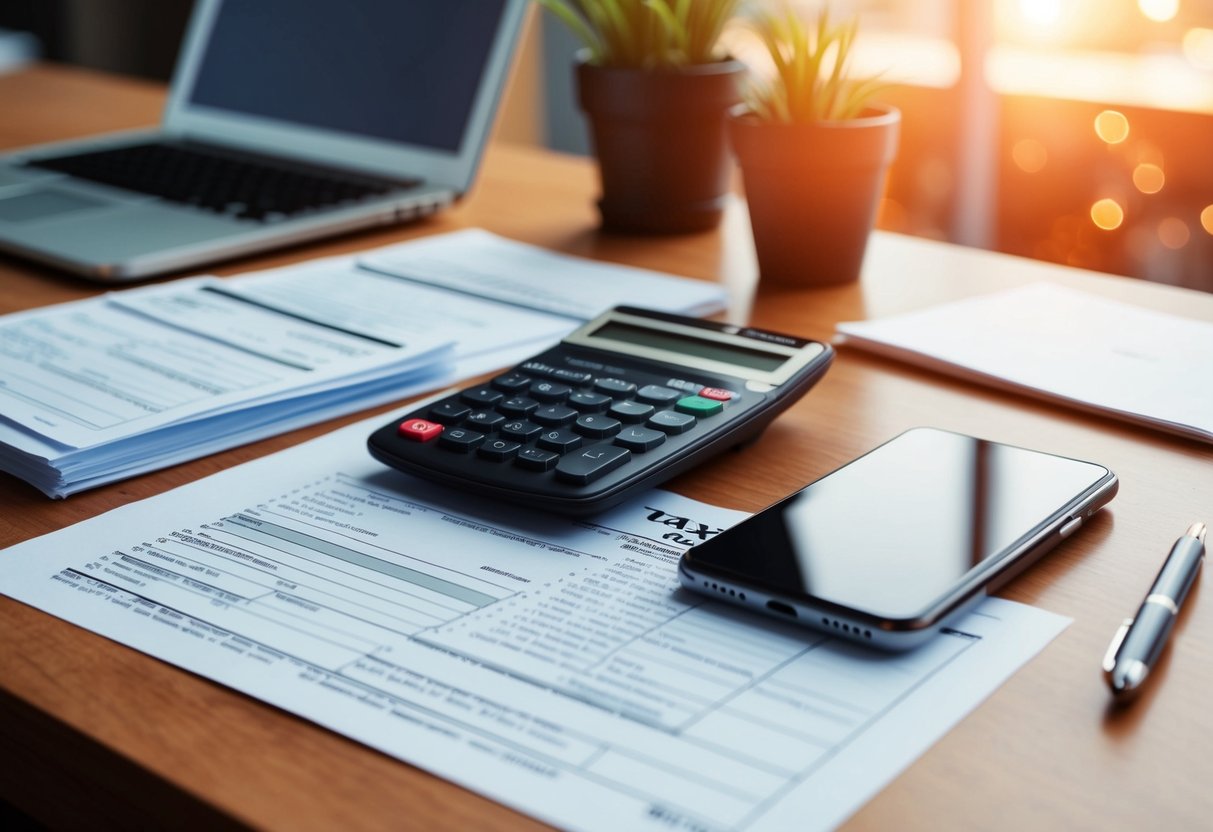 A desk with tax forms, a calculator, and a cell phone bill