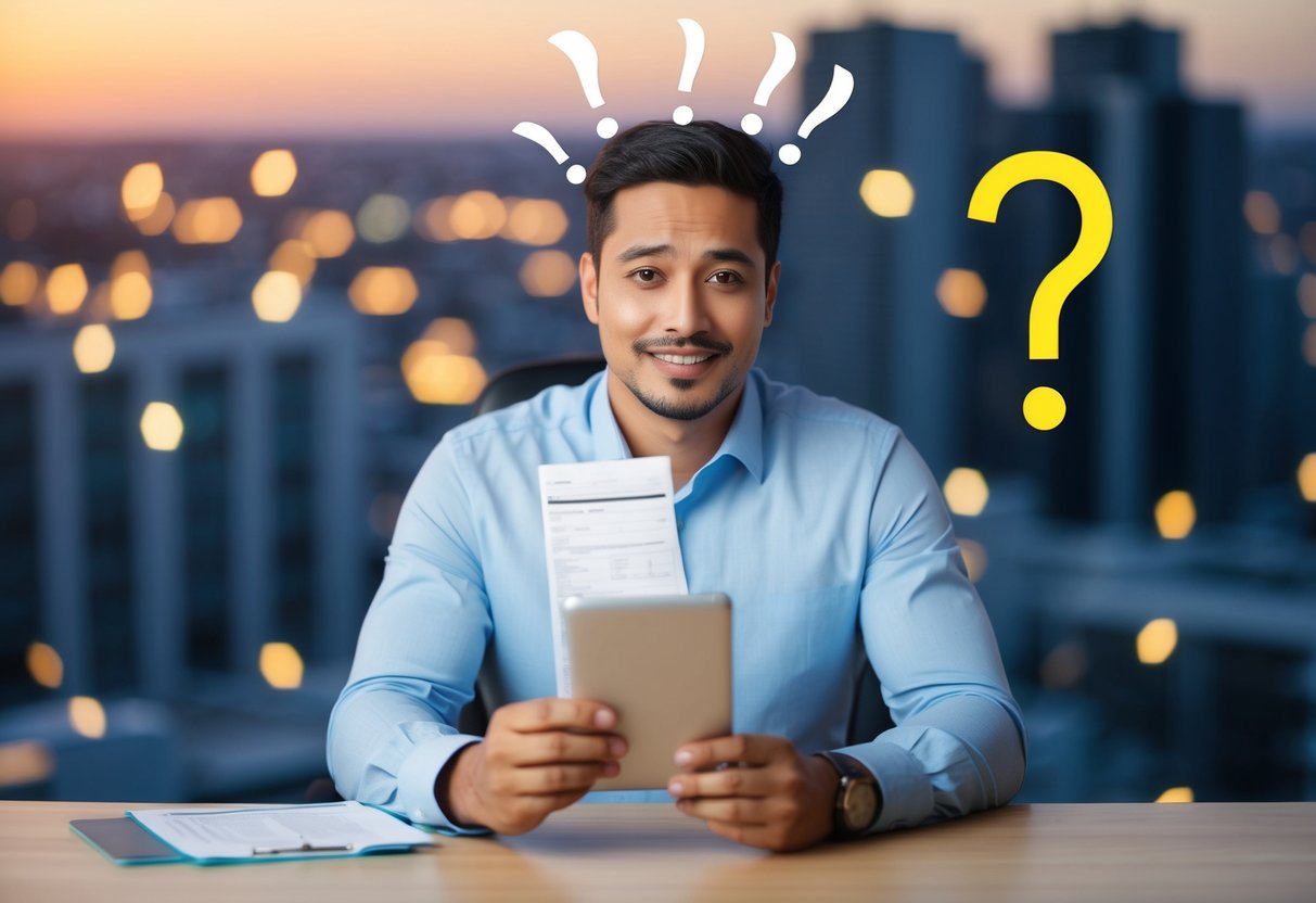 A self-employed individual holding a cell phone bill and a tax form, with a question mark above their head