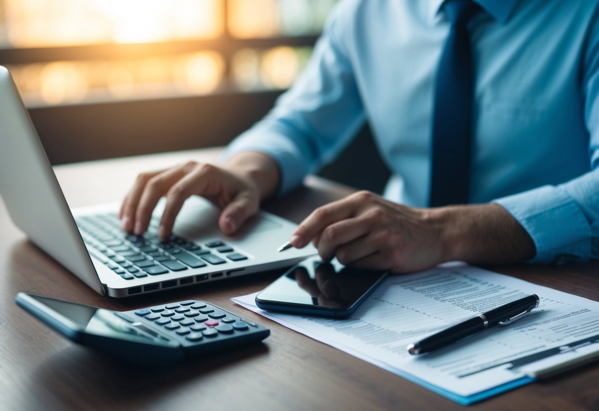 A person sitting at a desk with a calculator, laptop, and cell phone bill. A tax form and pen are nearby. The person looks focused and determined