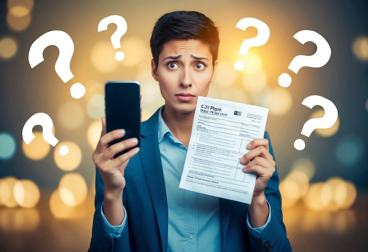 A person holding a cell phone bill and a tax form, with a confused expression on their face, surrounded by question marks