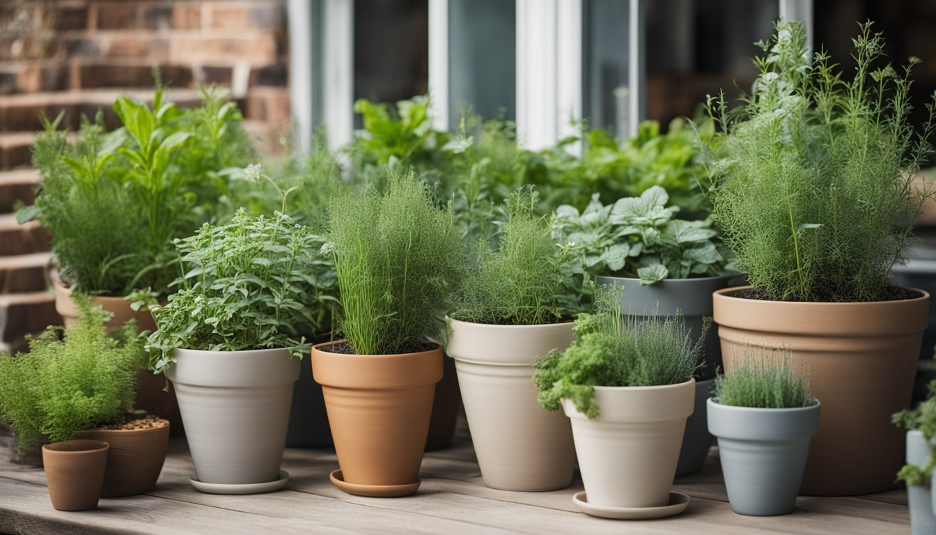 A variety of pots display thriving perennial herbs on a small patio, illustrating how they enhance limited spaces