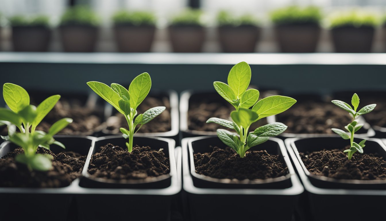 A series of illustrations showing a perennial herb growing from seedling to mature plant in pots