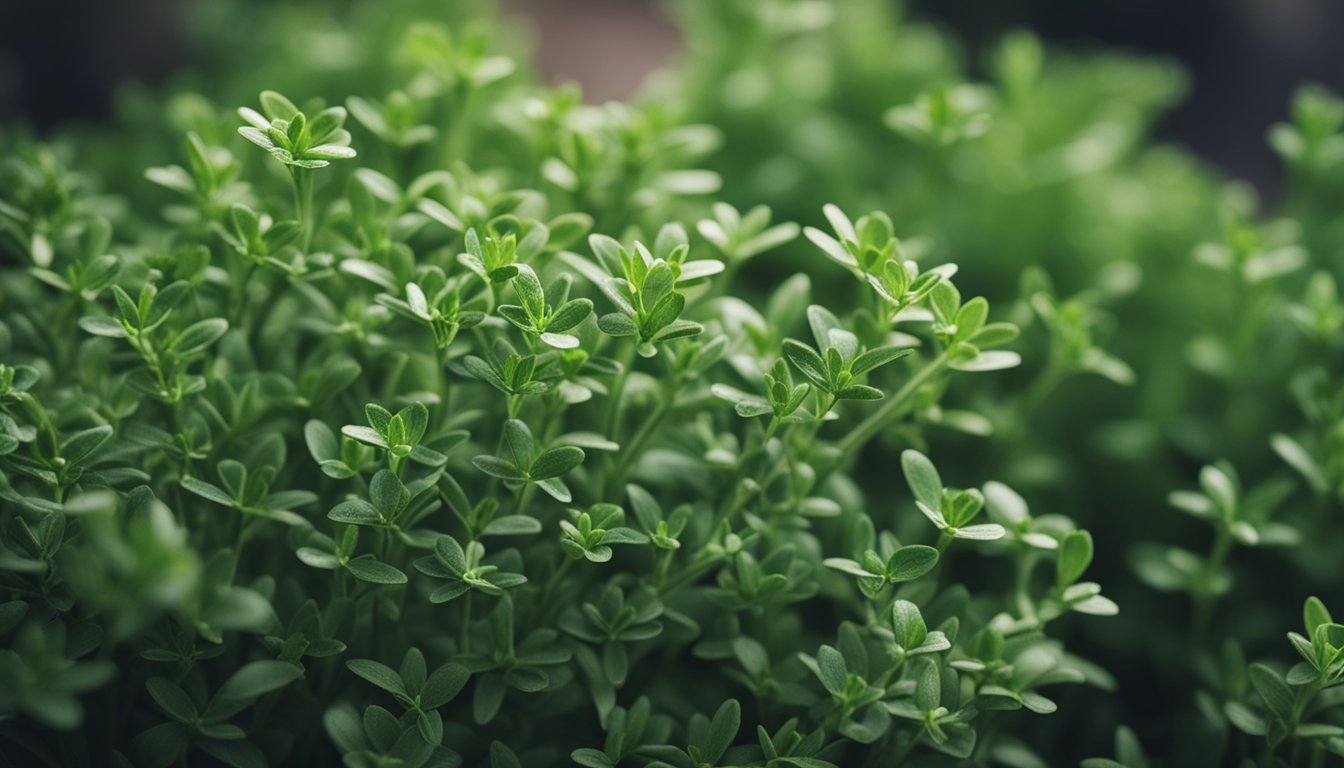 Fresh thyme sprigs, with tiny leaves and delicate structure, in detailed close-up