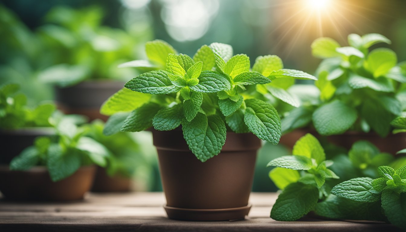 Fresh mint leaves in a pot, vibrant green and textured