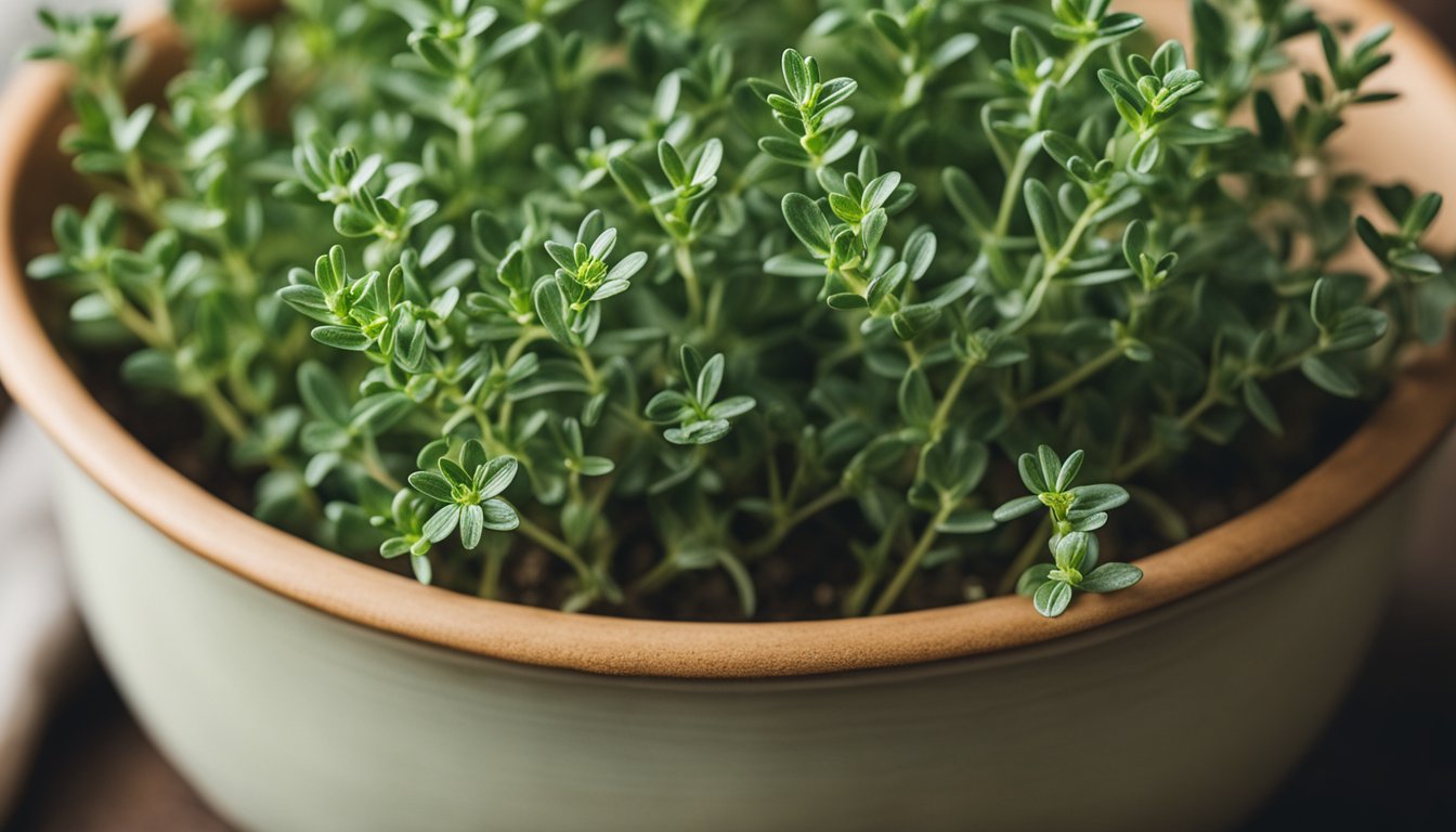 Fresh thyme sprigs in a pot, with tiny leaves and delicate structure