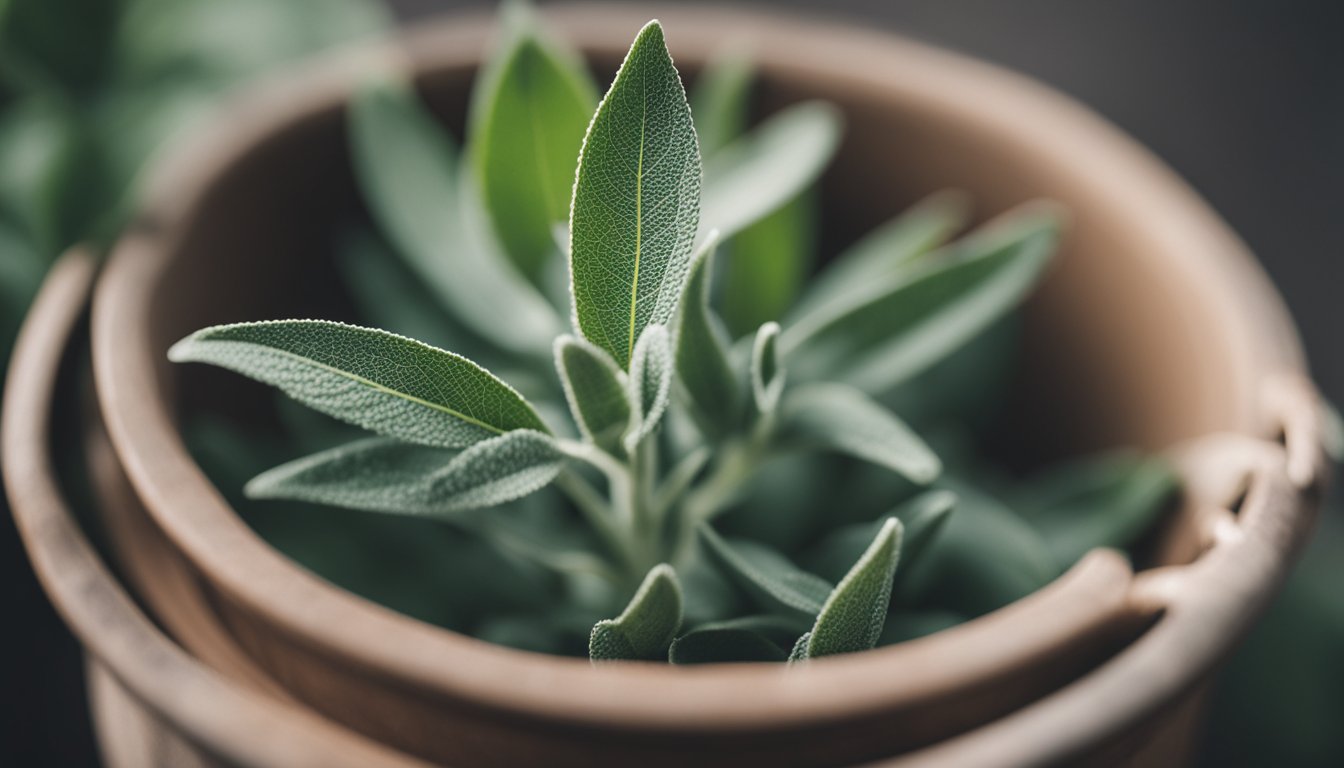 Fresh Sage in a pot, close-up. Delicate leaves and structure